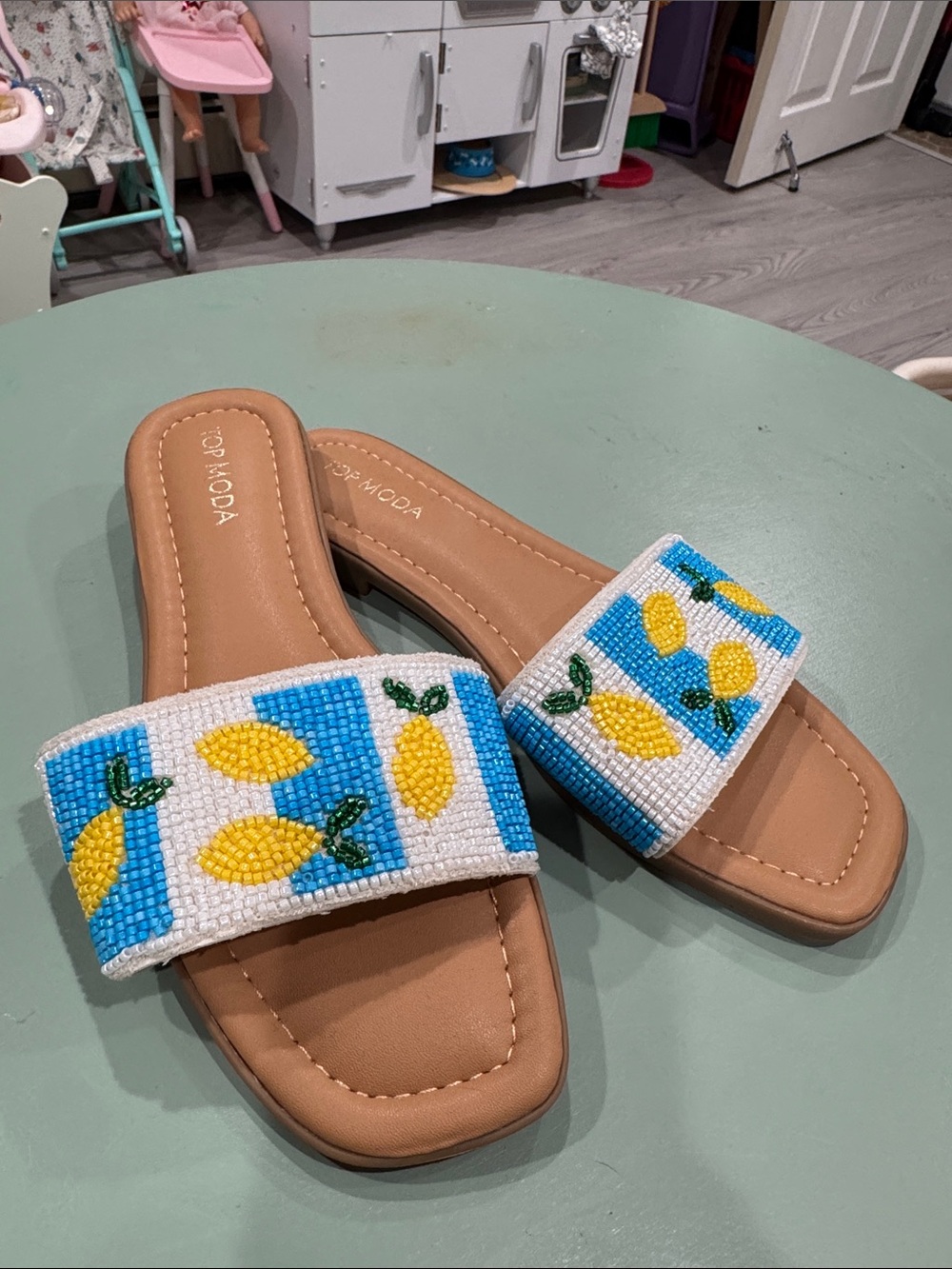 TOP Moda Tan Slide Sandals with Beaded Yellow Lemon Straps